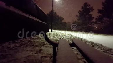 从长凳上俯瞰公园景色的<strong>雪夜</strong>